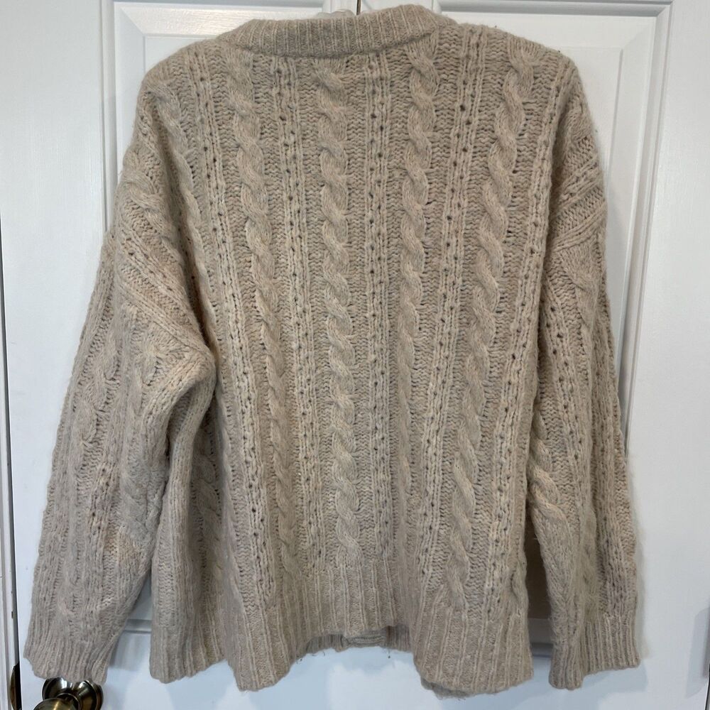Madewell Pointelle Cable Cardigan Sweater M Oatmeal Wool Blend Oversized Prep - Picture 7 of 8